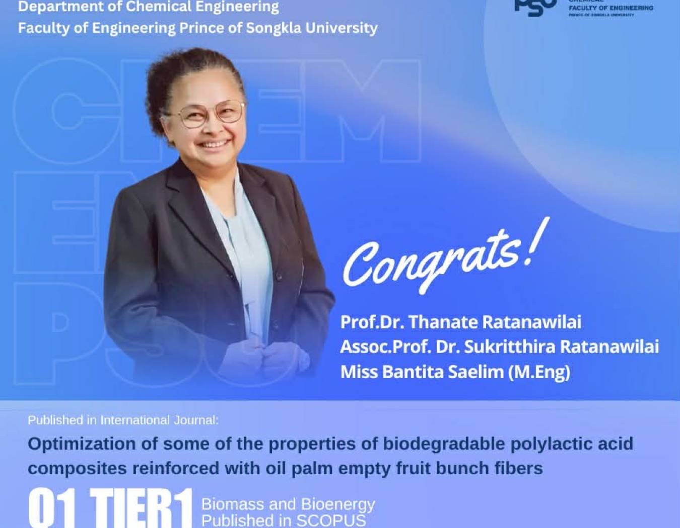 Publication of the Month: April  🥇Congratulations to  Assoc.Prof. Dr. Sukritthira Ratanawilai On their recent publication in Biomass and Bioenergy (Q1Tier1: SCOPUS indexed). Link: https://share.google/vI0fvin1i79XGzTPk