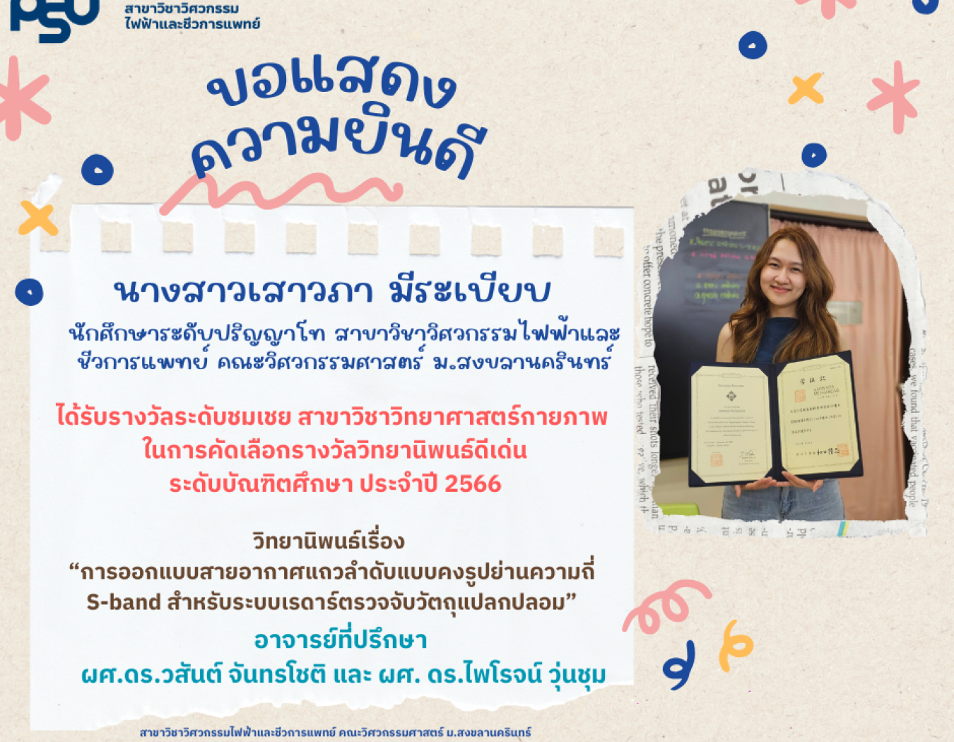 ได้รับรางวัลระดับชมเชย การคัดเลือกรางวัลวิทยานิพนธ์ดีเด่นระดับบัณฑิตศึกษา ประจำปี 2566